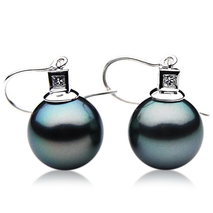 TE095 (AAA 13mm Tahitian Black Pearl Earrings Diamonds 18k White Gold )