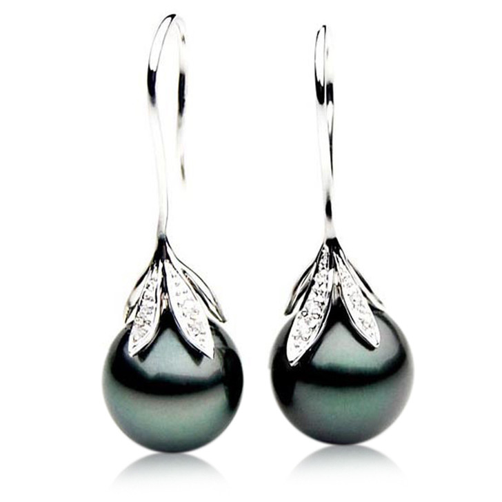 TE023a (AAA 11mm Tahitian Black Pearl Earrings Diamonds 18k White Gold )