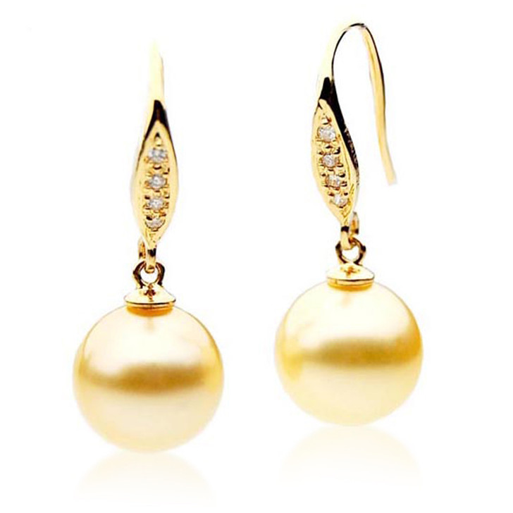 GE034 (AAA 11mm Australian Golden South Sea Pearl Earrings and Diamonds )