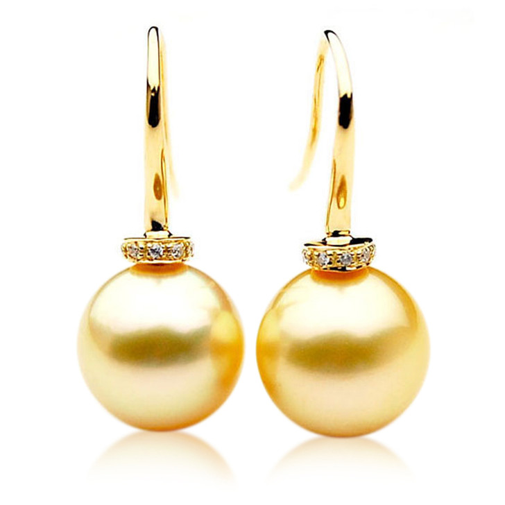 GE034b (AAA 11mm Australian Golden South Sea Pearl Earrings and Diamonds)