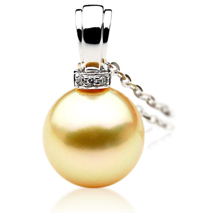 GP029 (AAA 12mm Australian Golden South Sea Pearl Pendant and Diamonds )