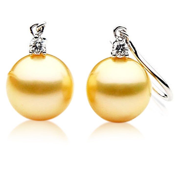 GE023 (AAA 11mm Australian Golden South Sea Pearl Earrings and Diamond)