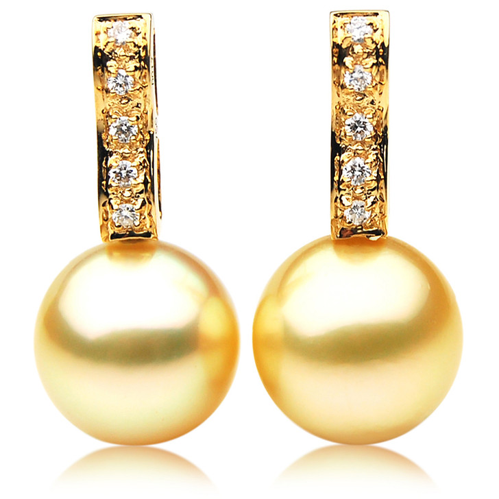 GE048 (AAA 12mm Australian Golden South Sea Pearl Earrings and Diamond)