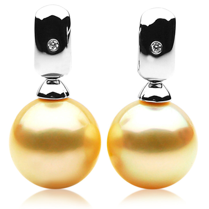 GE051 (AAA 12mm Australian Golden South Sea Pearl Earrings and Diamond )