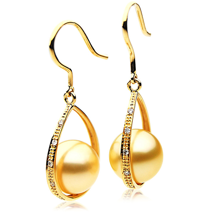 GE068 (AAA 12mm Australian Golden South Sea Pearl Earrings and Diamond )