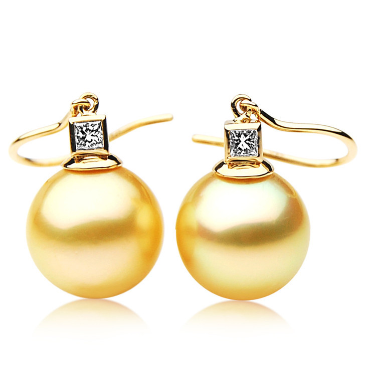 GE088 (AAA 13mm Australian Golden South Sea Pearl Earrings and Diamond)