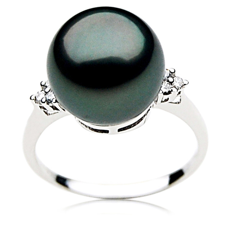 TR011 (AAA 11mm  Tahitian Black pearl diamond ring 18k White Gold)