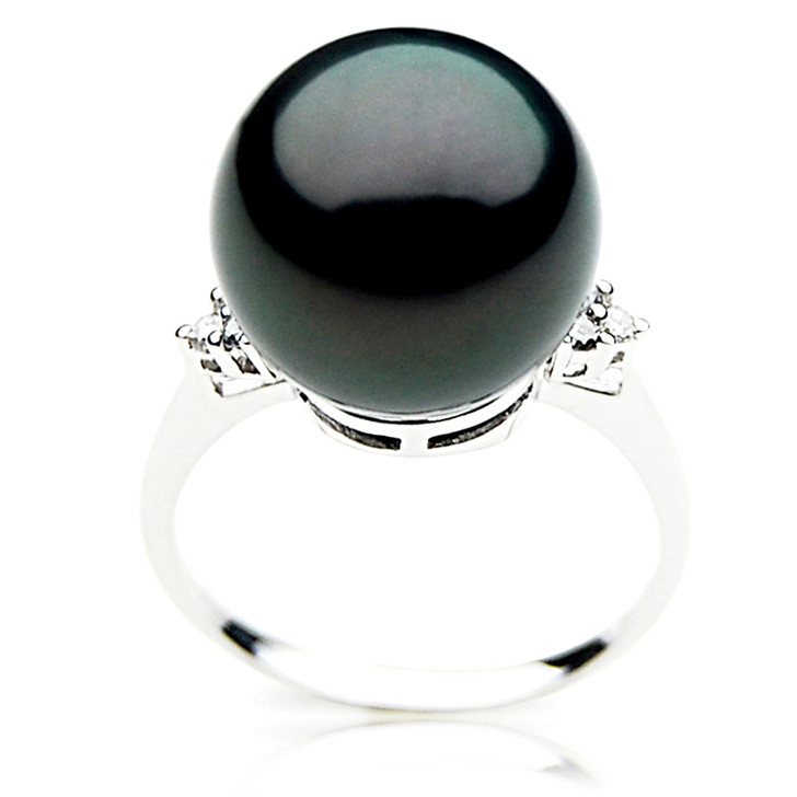 TR039 (AAA 13mm  Tahitian Black pearl diamond Ring 18k White Gold)