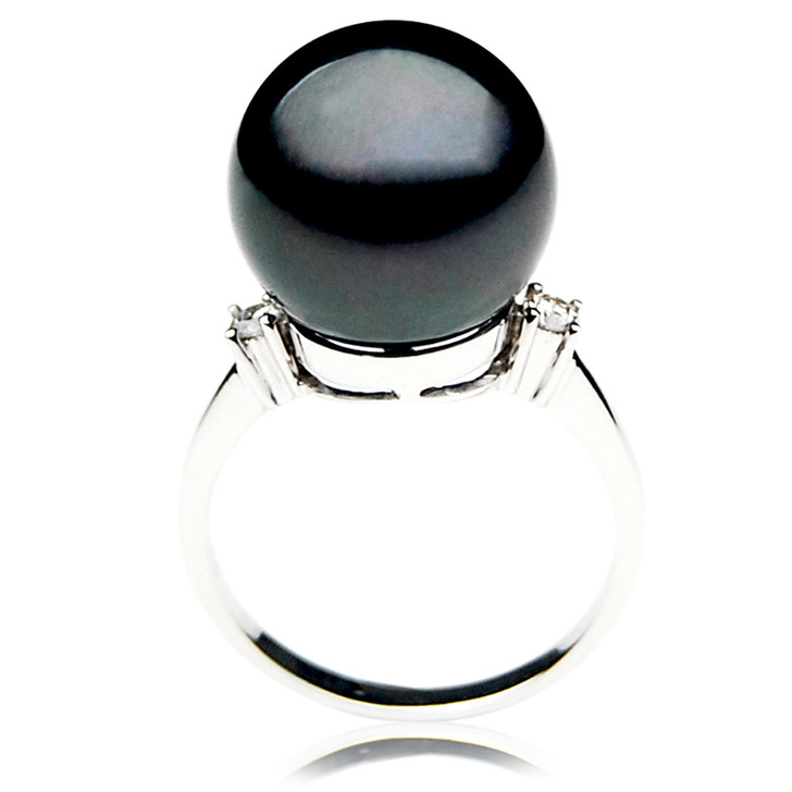 TR041 (AAA 13mm  Tahitian Black pearl diamond ring 18k White Gold)