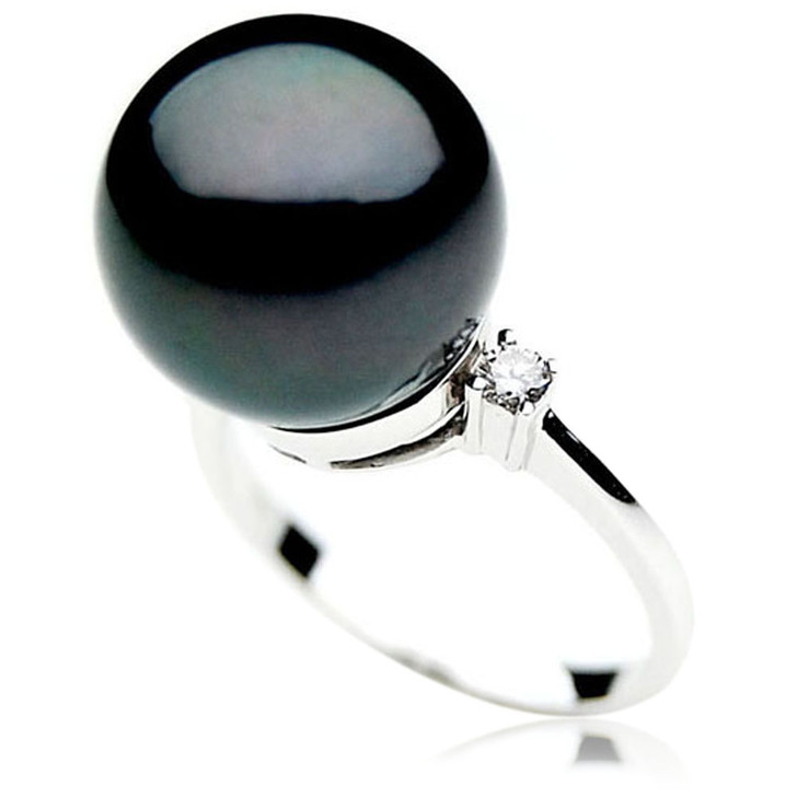 TR058 (AAA 14mm  Tahitian Black pearl Diamond Ring 18k White Gold)
