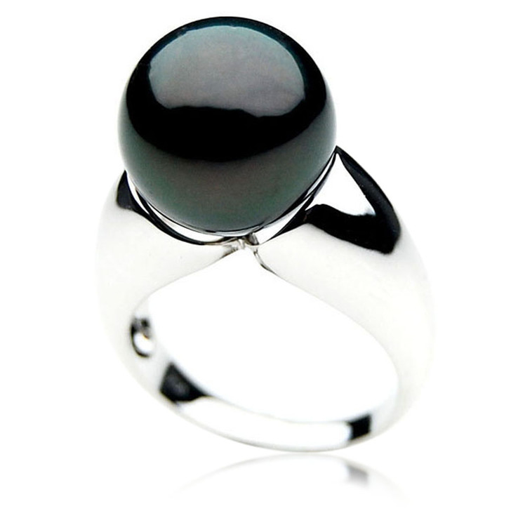 TR061 (AAA 14mm  Tahitian Black Pearl Ring In 18k White Gold)