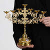 Orthodox 7-Branch Candle Holder, Gold Plated Zinc Alloy Church Candelabra with Cross and Enamel Details, 12" Liturgical Altar Candlestick for Religious Rituals