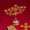 Orthodox 7-Branch Candle Holder, Gold Plated Zinc Alloy Church Candelabra with Cross and Enamel Details, 12" Liturgical Altar Candlestick for Religious Rituals