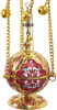 Orthodox Hanging Incense Burner, Gold Plated Zinc Alloy Thurible Censer with Bells and Enamel Floral Design, 6.5" Byzantine Liturgical Censer for Church Rituals