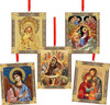 Religious Christmas Ornaments Nativity of Christ, Holy Family, Perpetual Help Icon, and Virgin Mary Icons, 2 Sided, Wooden, Red Ribbons, Orthodox Catholic Christian, Set of 5