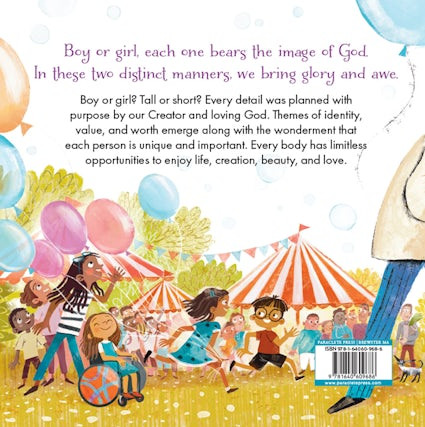 The back cover of the book, with an illustration of children and their families playing.