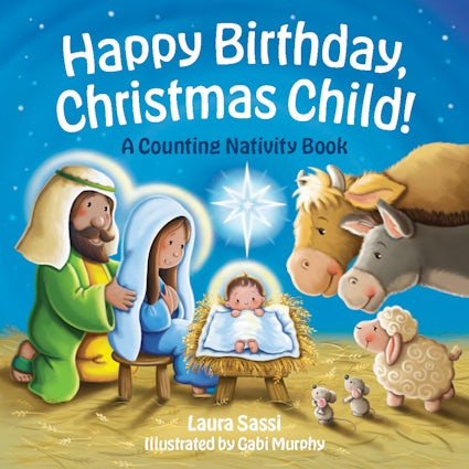 The front cover of the board book, depicting the holy family in a manger.