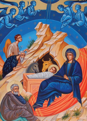 The front of the Christmas Card, depicting the theotokos and Christ in the cave.