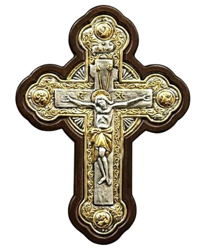 Crucifixion  Wall Cross Icon – Engraved 925 Silver & Wood