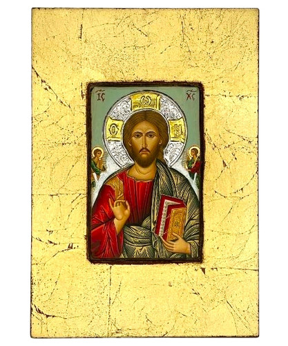 Jesus Christ Pantocrator  Silk Screen Icon – Gold Frame Engraved Wood with Silver & Gold Halo