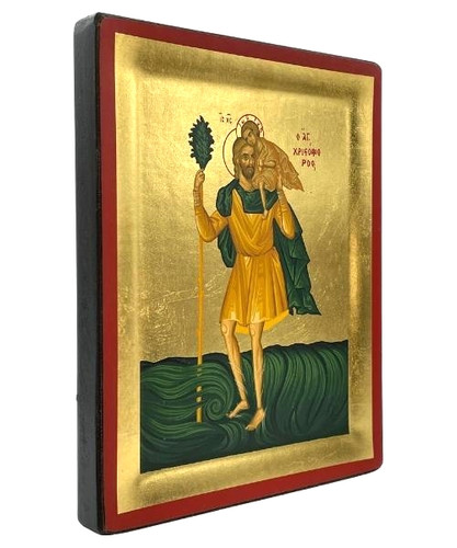 Saint Christopher(Saint Christoforos)Religious Icon Gold & Engraved Natural Wood