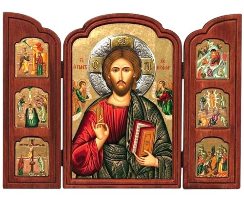 Jesus Christ Pantocrator Silk Screen Triptych Icons – Engraved Gold & Wood