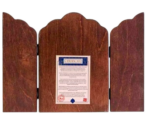 Virgin Mary Vrefokratousa – Child Holding Silk Screen Triptych Icons – Engraved Gold & Wood