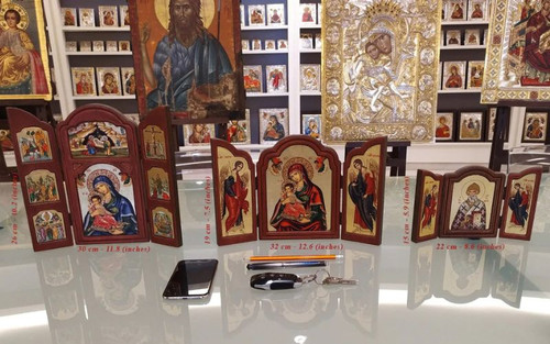 Virgin Mary Perpetual Help Silk Screen Triptych Icons – Engraved Gold & Wood