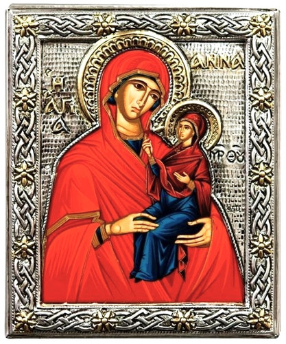 Saint Anna Silk Screen Icon – Engraved Silver & Gold on Wood Base