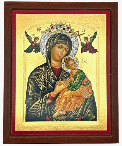 Virgin Mary Perpetual Help Silk Screen Icon Gold Engraved Wood