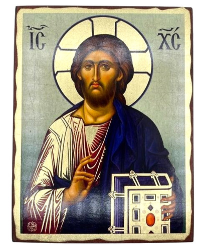 Jesus Christ – Monastery of Vatopedi Silk Screen Icon – Aged Edge Wood