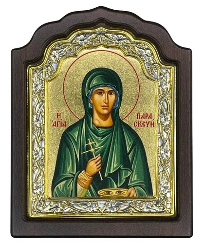 Saint Paraskevi Icon – Arched, Engraved Silver, Gold & Wood