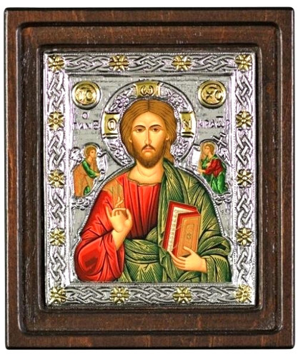Jesus Christ Pantocrator Silk Screen Icon – Engraved Silver & Wood