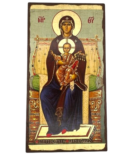 Virgin Mary Enthroned (Panagia Enthroned)  Silk Screen Icon – Aged Edge Wood