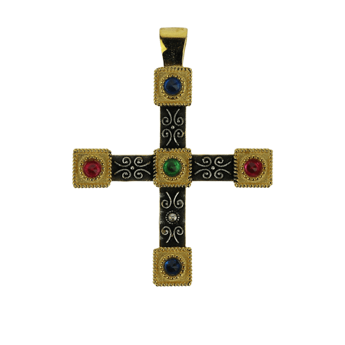 Silver Cross with 5 Colorful Stones