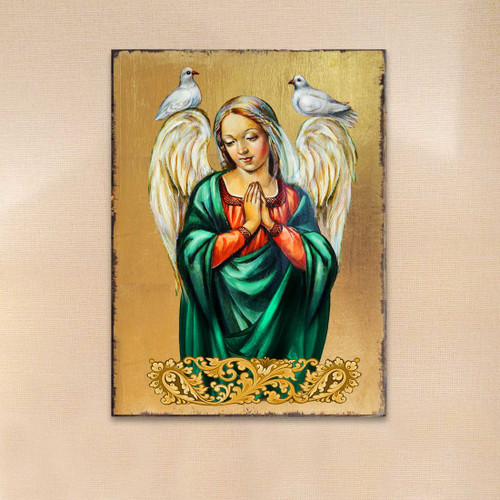Praying Angel Wooden Gold Plated Religious Christian Sacred Icon - Inspirational Icon Decor - 85026