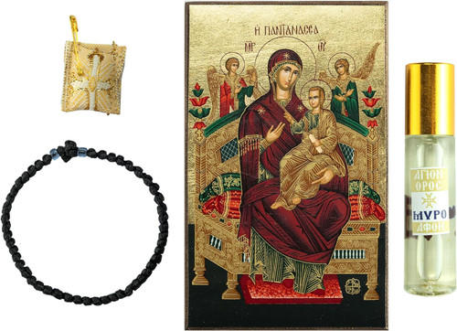 Panagia Pantanassa Icon, Authentic Prayer Rope, Holy Myrrh and Protective Amulet - Gift Set from Mount Athos (12 x 8 cm)