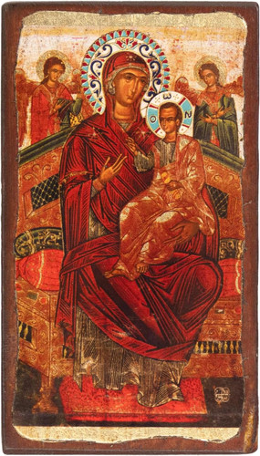 Panagia Pantanassa 17th-century Wooden Aged Icon on Canvas with Coloured Background from Mount Athos (15 x 8 cm)