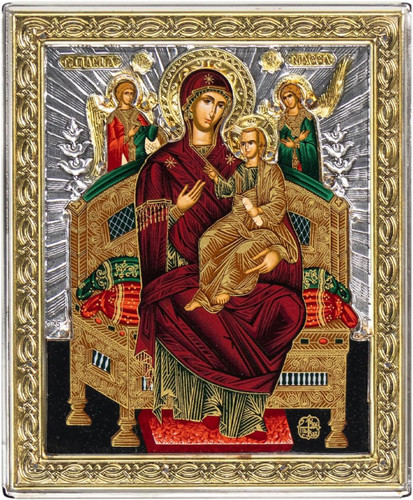 Panagia Pantanassa Symbol of Hope 17th-century Crafted Icon on Canvas from Mount Athos (11 x 9 cm), Silver
