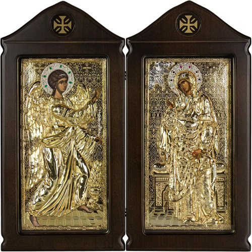 Diptych of the Annunciation of the Theotokos - Wooden Icon with Glass Front and Gold Background 42 x 42 cm