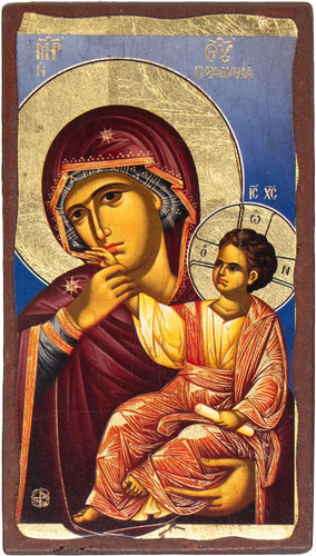Mother Of God Paramithia 14th-century Wooden Aged Icon on Canvas with Coloured Background from Mount Athos (15 x 8 cm)