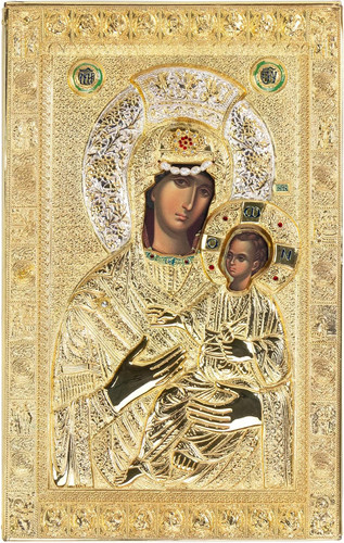 Mother Of God Vimatarissa Symbol of Faith Replica of Miraculous Icon from Mount Athos - Round (20 x 13 cm), Golden