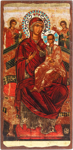 Panagia Pantanassa 17th-century Wooden Aged Icon on Canvas with Coloured Background from Mount Athos (23 x 12 cm)