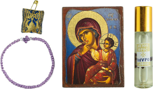 Panagia Paramythia Icon, Authentic Prayer Rope, Holy Myrrh and Protective Amulet - Gift Set from Mount Athos (8 x 7 cm)