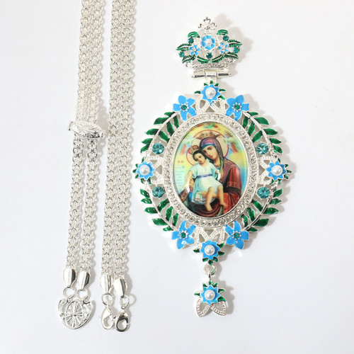 Sliver Plated Orthodox Greek Pectoral Cross Necklace With Various Enamel Colors of Excellent Bishop's Spiritual Gift