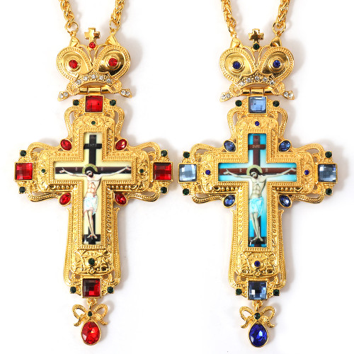Gold Plated Greek Style Orthodox Church Pectoral Cross Necklace for Bishop Priest with Jesus Crucifix Image