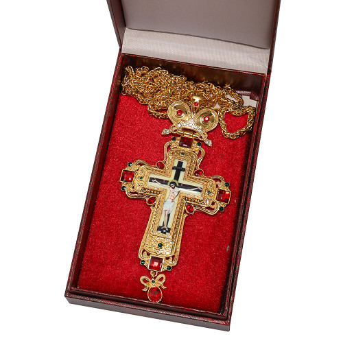 Gold Plated Greek Style Orthodox Church Pectoral Cross Necklace for Bishop Priest with Jesus Crucifix Image