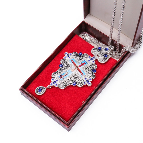 Alloy Silver Plated Pectoral Cross Necklace for New Priest Ordination with Color Stones