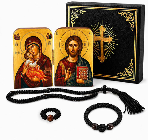 5 Pcs Orthodox Prayer Set,Theotokos and Jesus Icon Orthodox with Chotki Prayer Rope Rosary/Bracelet/Finger Ring,Greek Christian Gifts