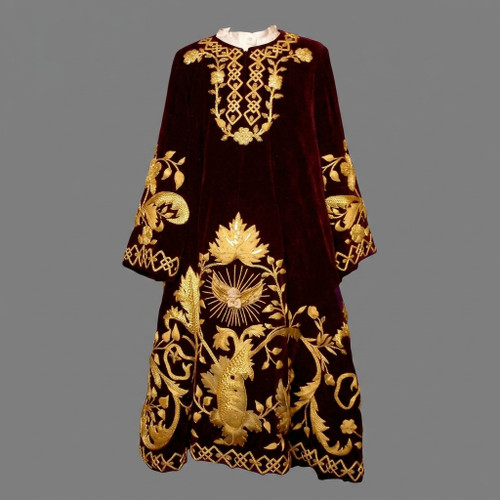 Modern Luxury Maroon Velvet Orthodox Sakkos Vestment Gold Bullion Hand Embroidery Church Priest Robe Liturgical Clergy Cassock